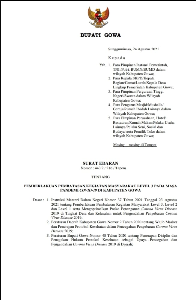PPKM Level 3 di Gowa Diperpanjang Hingga 6 September, Seluruh Rumah Makan Boleh Makan di Tempat