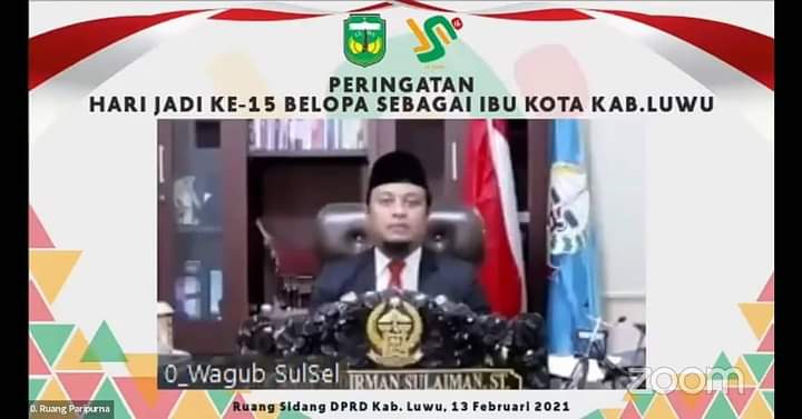Wagub Sulsel Hadiri Peringatan Hari Jadi ke-15 Kota Belopa Luwu secara Virtual