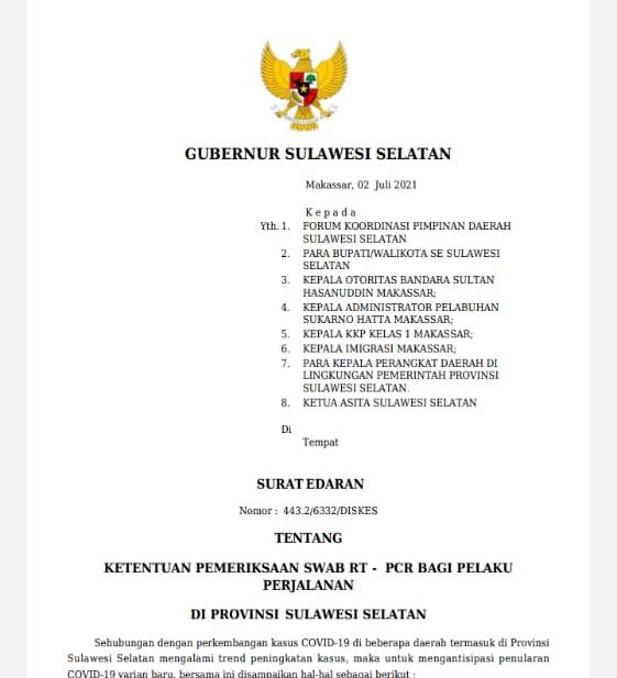 Surat Edaran Plt Gubernur: Masyarakat Berpergian Luar Negeri Wajib Tes Swab RT-PCR