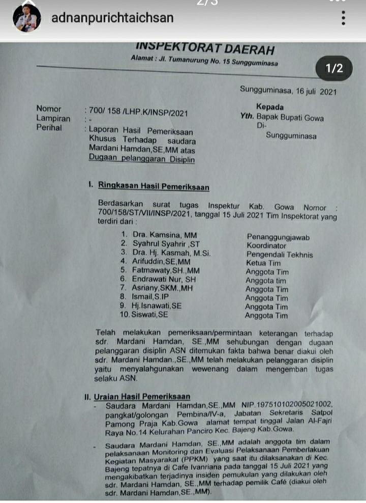 Terima Hasil Pemeriksaan Inspektorat, Bupati Gowa Langsung Copot Oknum Satpol PP Pemukul Pasutri di Kafe