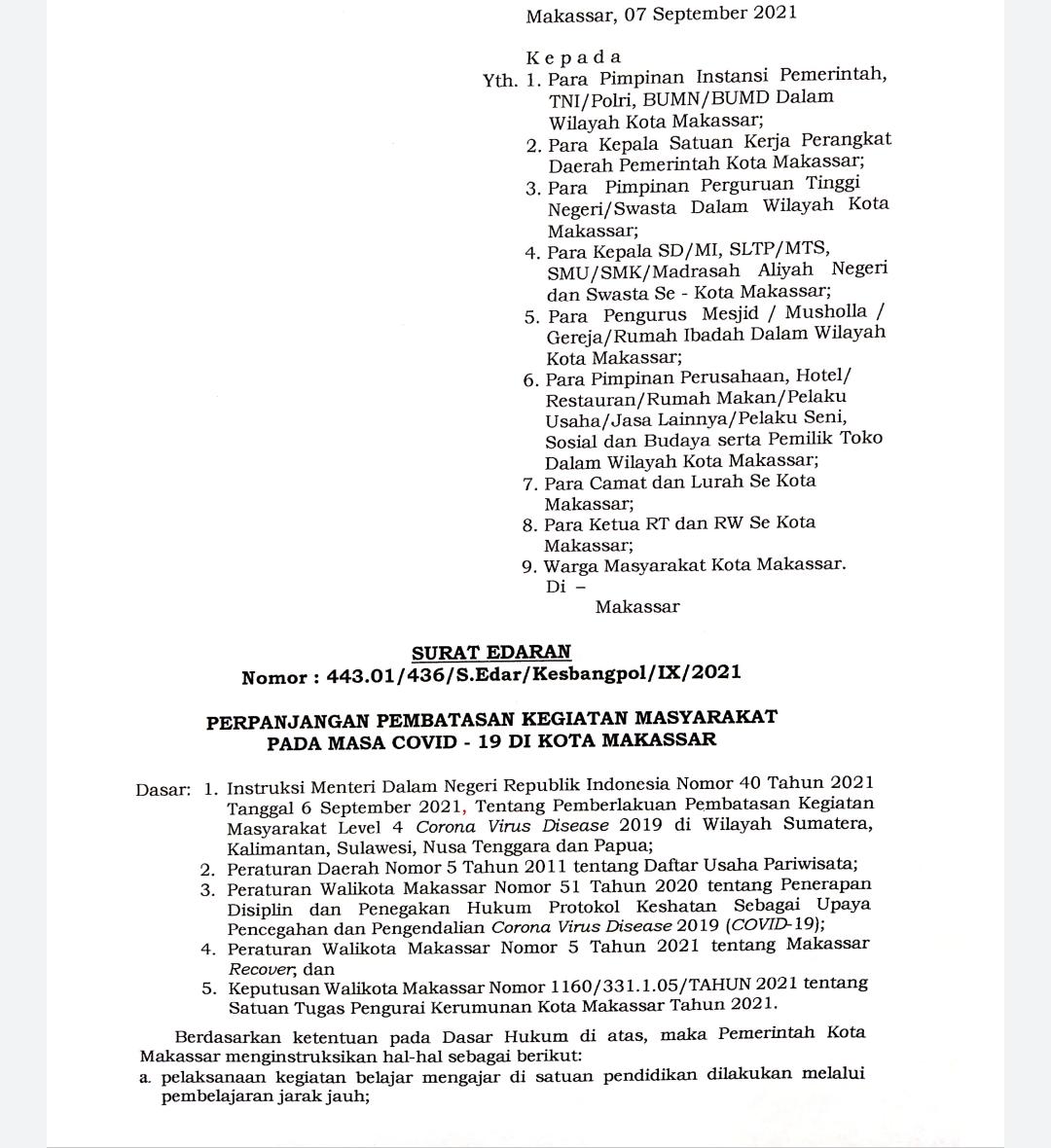 Sudah Zona Oranye, PPKM Level 4 di Makassar Tetap Diperpanjang Sampai 20 September
