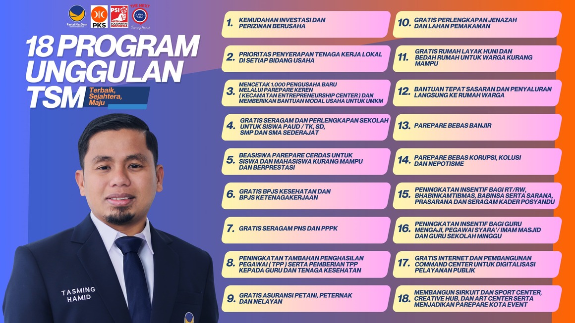 18 Program Unggulan Calon Wali Kota Parepare Tasming Hamid, Kemudahan Investasi Hingga TPP untuk Guru dan Nakes