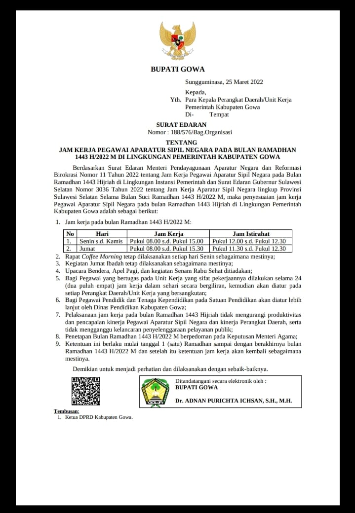 Bupati Adnan Keluarkan Surat Edaran Jam Kerja Bagi ASN Selama Ramadhan
