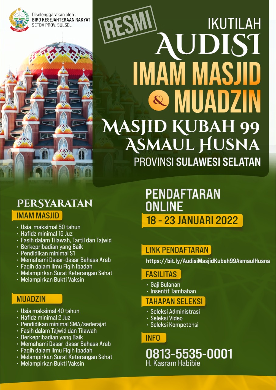 Mulai Hari ini, Pemprov Sulsel Buka Audisi Imam Masjid dan Muadzin Masjid Kubah 99 Asmaul Husna