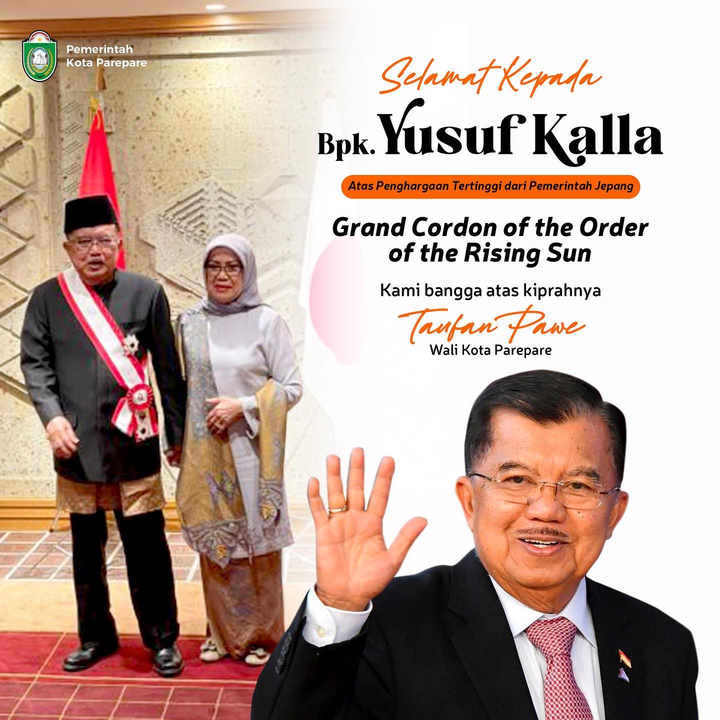 Taufan Pawe Sampaikan Rasa Bangga JK Terima Penghargaan Tertinggi dari Pemerintah Jepang