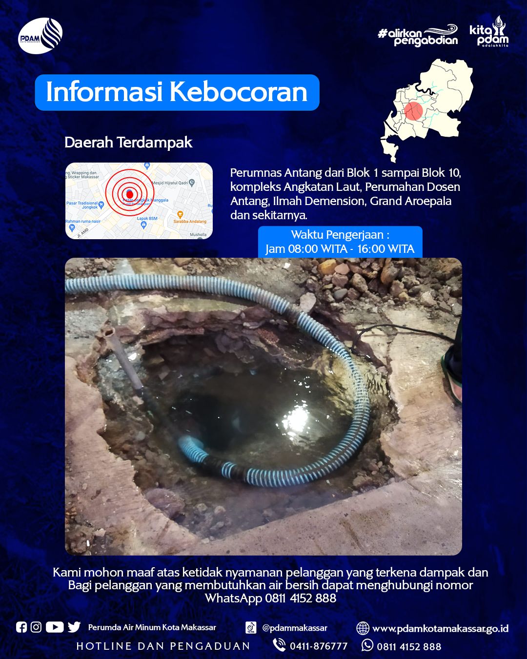 Ada Perbaikan Kebocoran Pipa di Wilayah Antang, PDAM Minta Hubungi Nomor WA Pelayanan