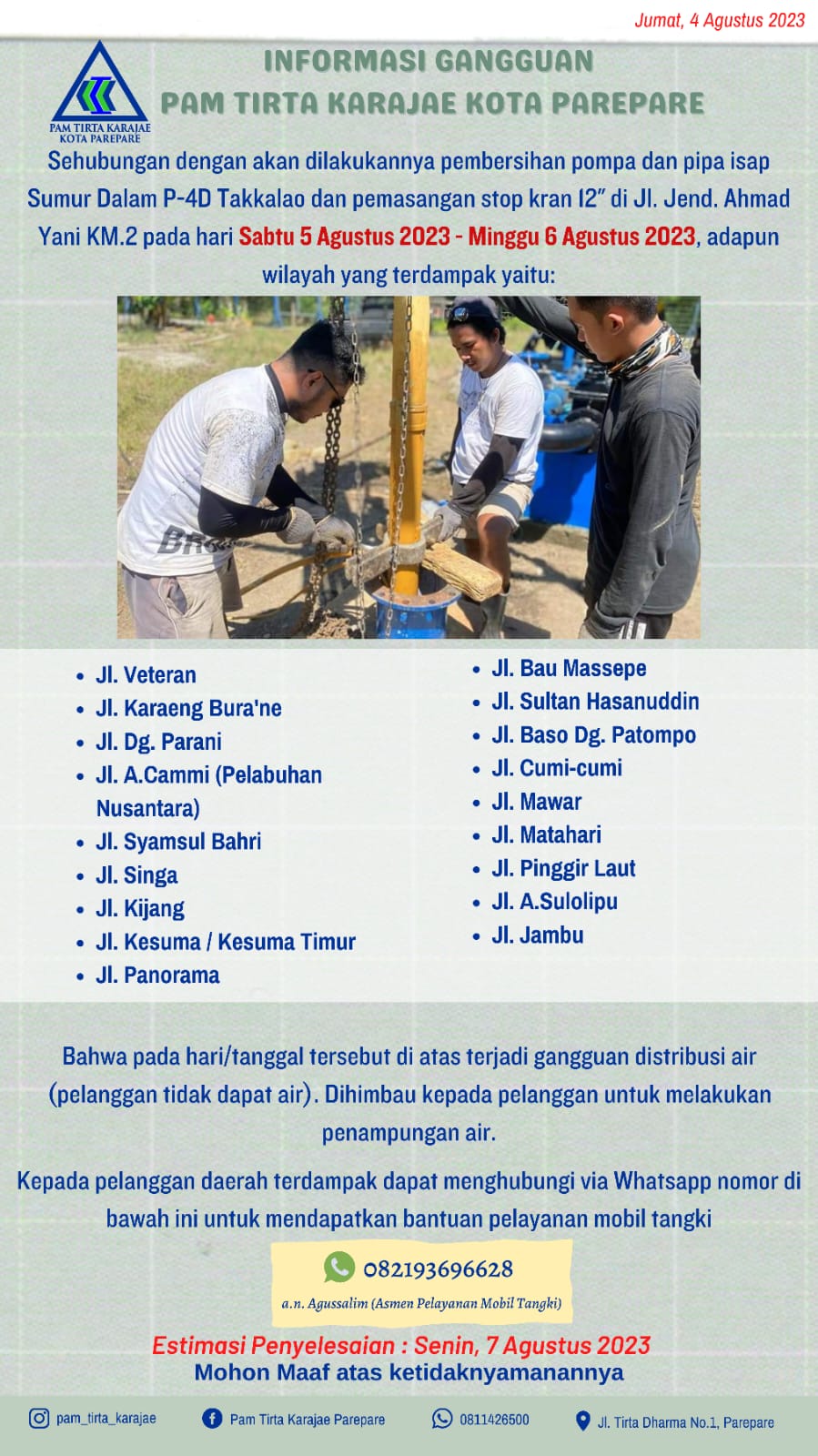 Pembersihan Pompa dan Pipa Isap Sumur Dalam, PAM Tirta Karajae Umumkan Beberapa Wilayah Terganggu Distribusi Air