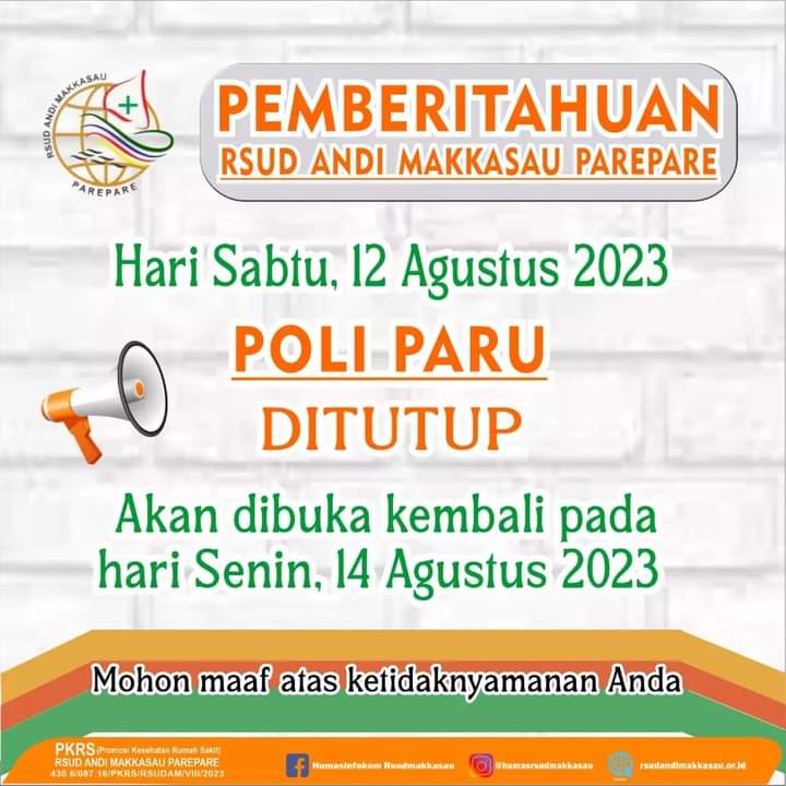 RSUD Andi Makkasau Umumkan Layanan Poli Paru Tutup 12 Agustus, Kembali Buka 14 Agustus