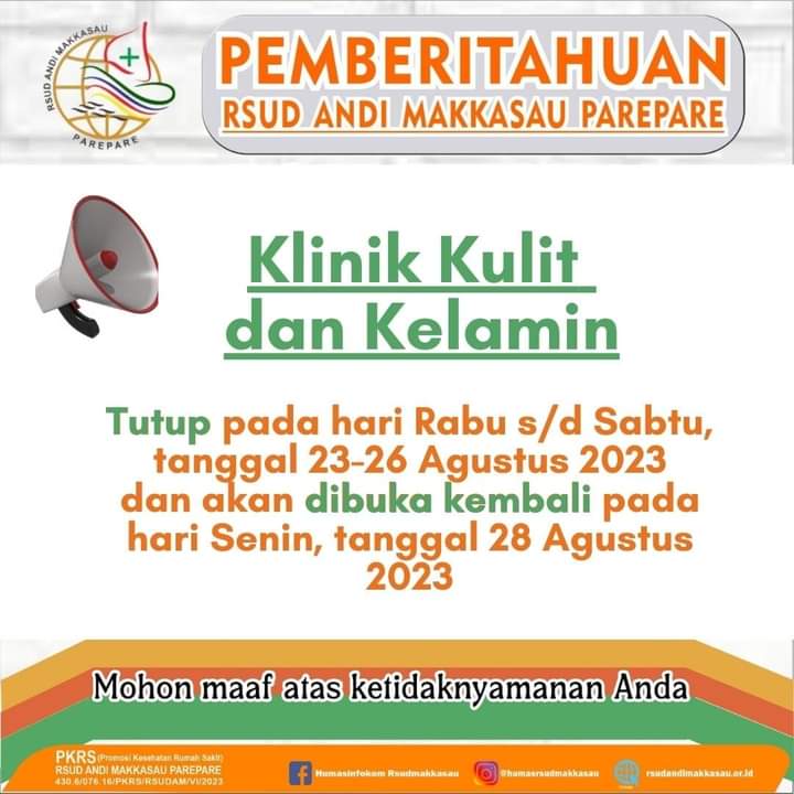 RSUD Andi Makkasau Umumkan Klinik Kulit dan Kelamin Tutup 23-26 Agustus, Buka Kembali 28 Agustus 