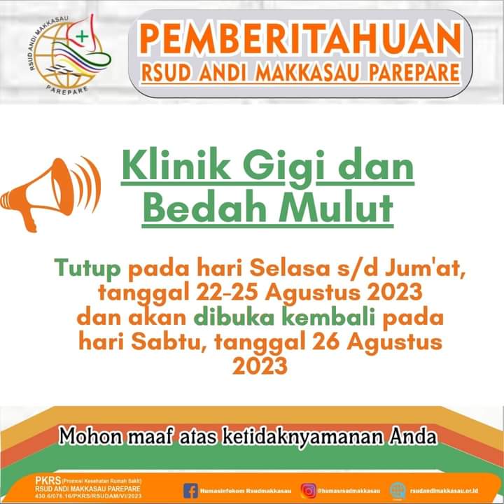 RSUD Andi Makkasau Umumkan Klinik Gigi dan Bedah Mulut Tutup 22-25 Agustus, Buka Kembali 26 Agustus