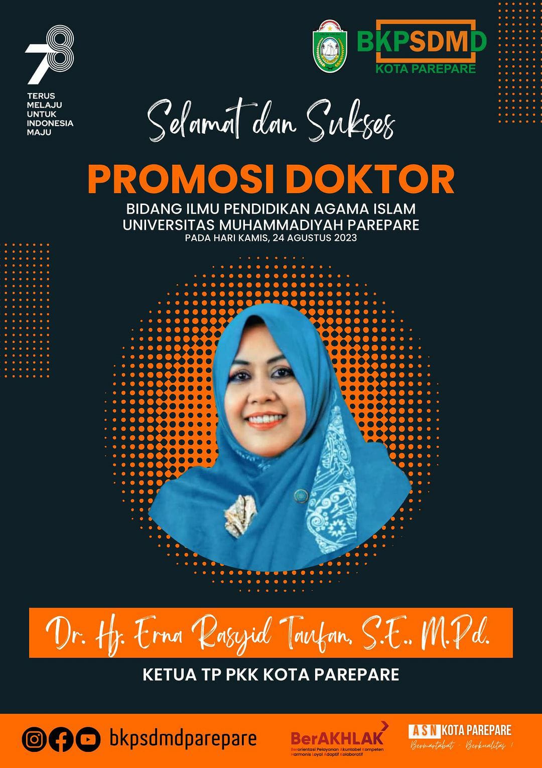 BKPSDMD Parepare Ucap Selamat Promosi Doktor Erna Rasyid Taufan, Terus Jadi Motivasi dan Inspirasi 