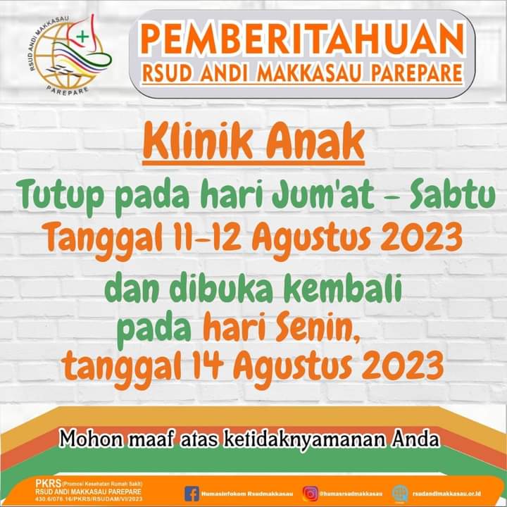 RSUD Andi Makkasau Umumkan Pelayanan Klinik Anak Tutup 11 Agustus, Dibuka Kembali 14 Agustus