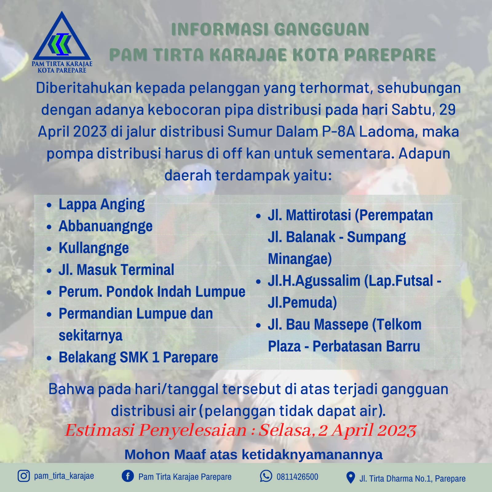Pipa Distribusi Bocor, PAM Tirta Karajae Umumkan Gangguan Pelayanan Air Bersih di Beberapa Wilayah