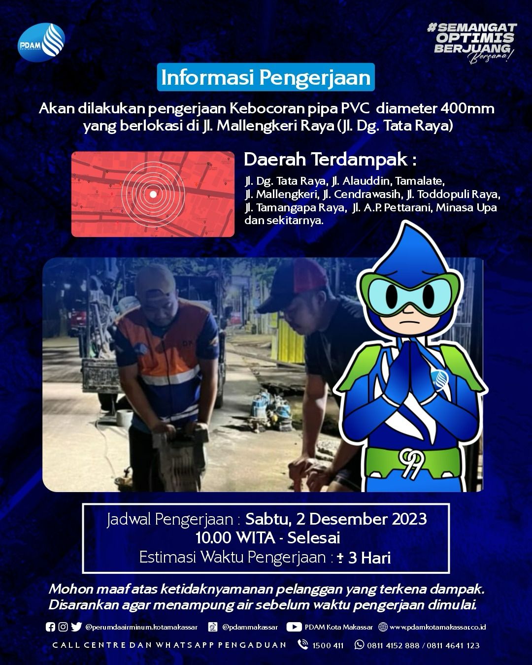 PDAM Makassar Lakukan Pengerjaan Kebocoran Pipa PVC di Malengkeri Raya