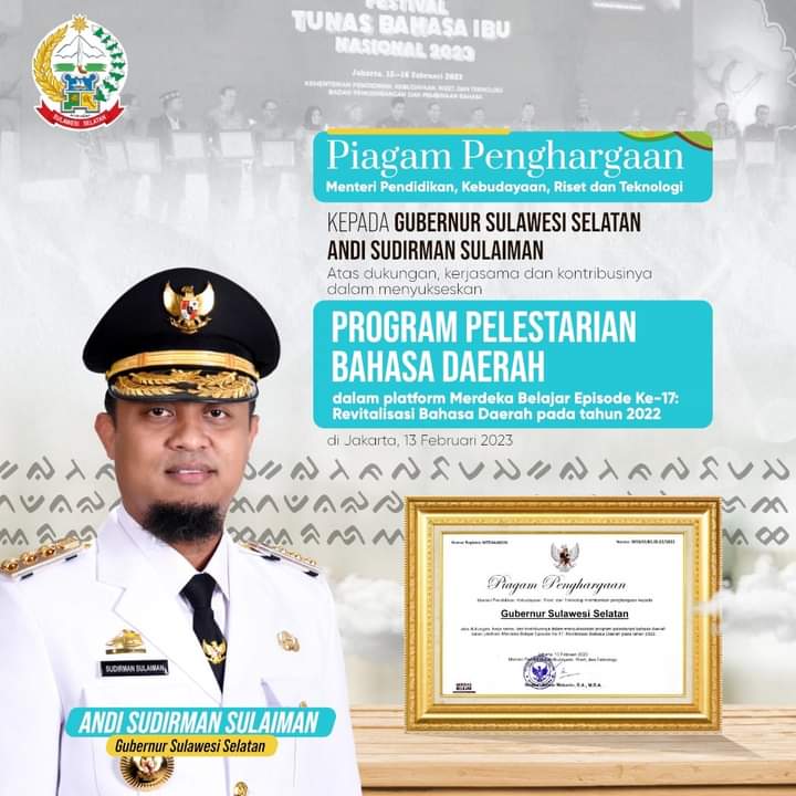 Gubernur Sulsel Dapat Penghargaan Kemendikbudristek atas Pelestarian Bahasa Daerah