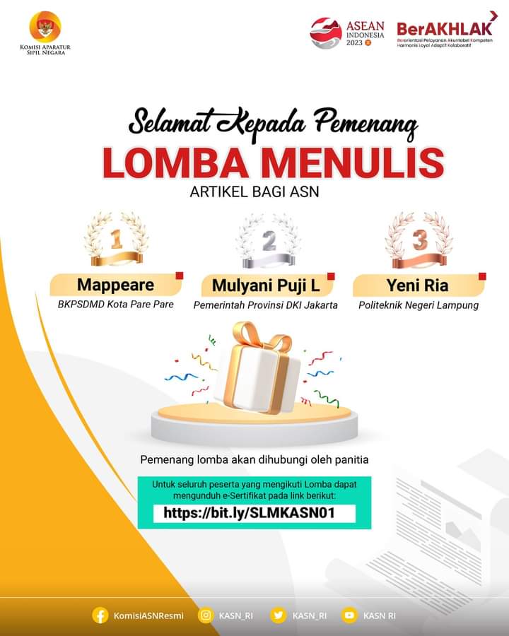 ASN Pemkot Parepare Juara 1 se-Indonesia Lomba Menulis Artikel KASN RI