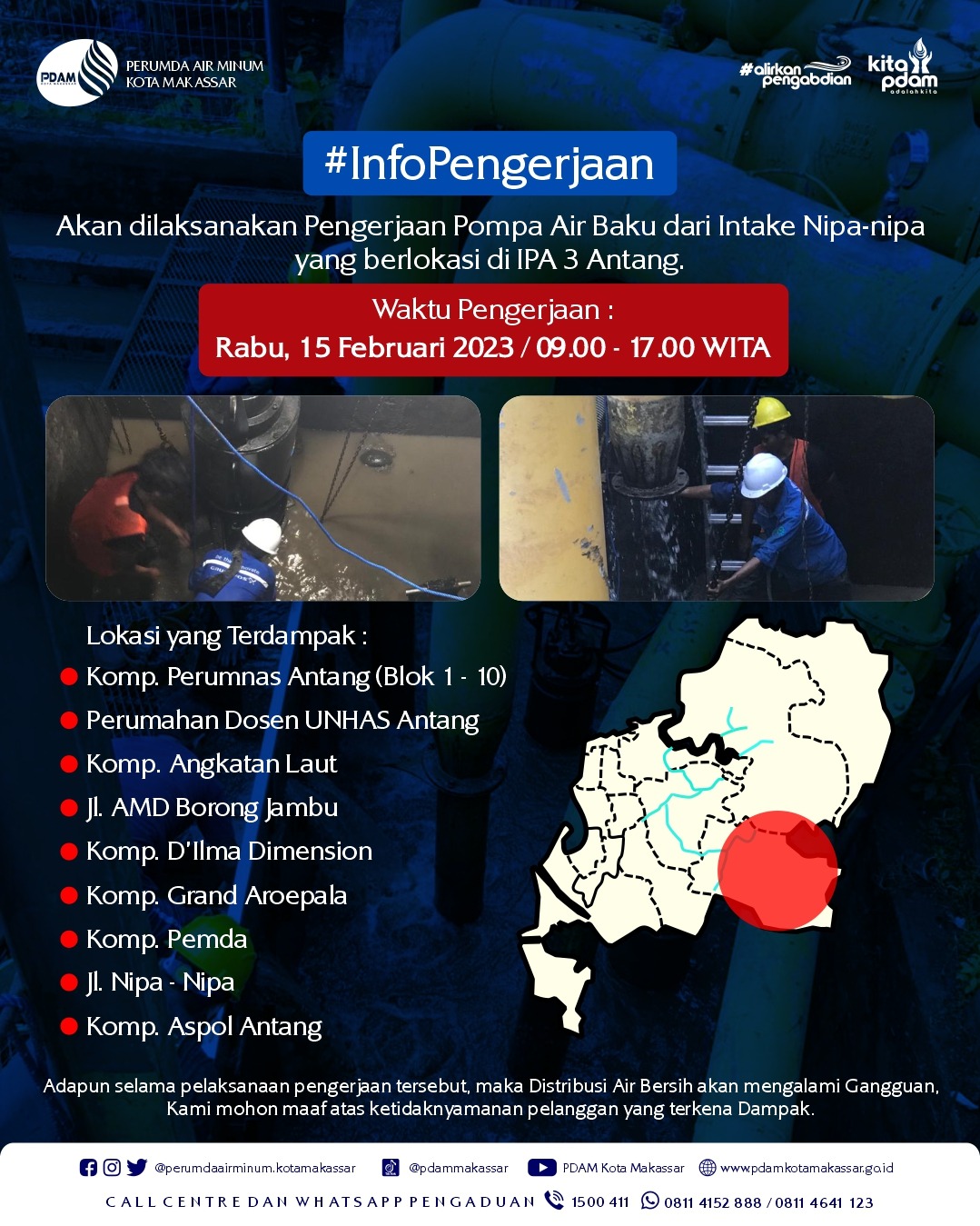 Besok PDAM Makassar Lakukan Pekerjaan Pompa Air Baku di IPA 3 Antang, 9 Lokasi akan Terdampak