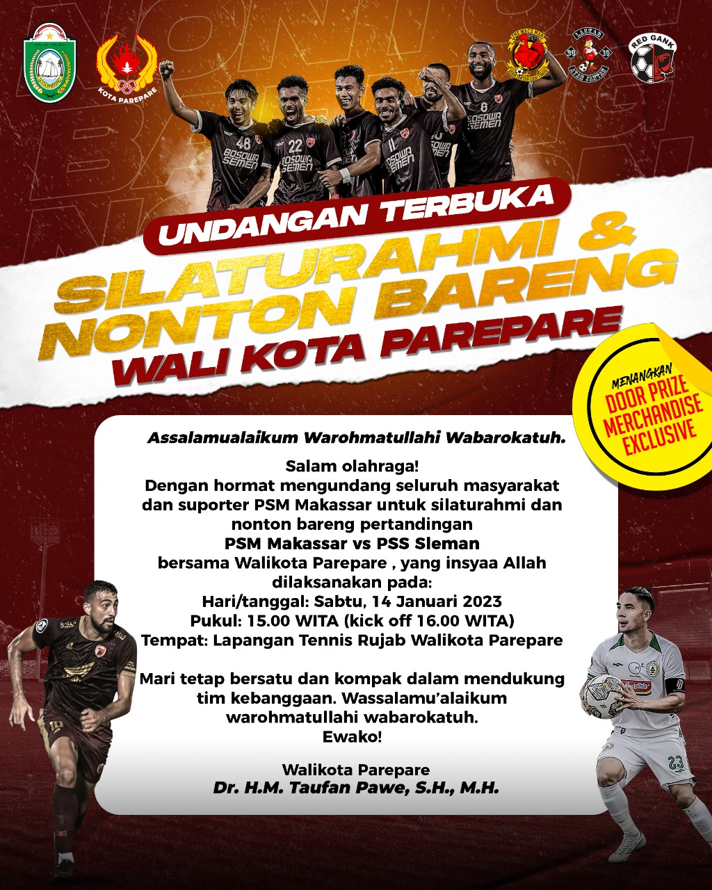 Obati Rindu Pecinta PSM, Taufan Pawe Undang Suporter dan Masyarakat Nobar PSM Vs PSS di Rujab Wali Kota Parepare 