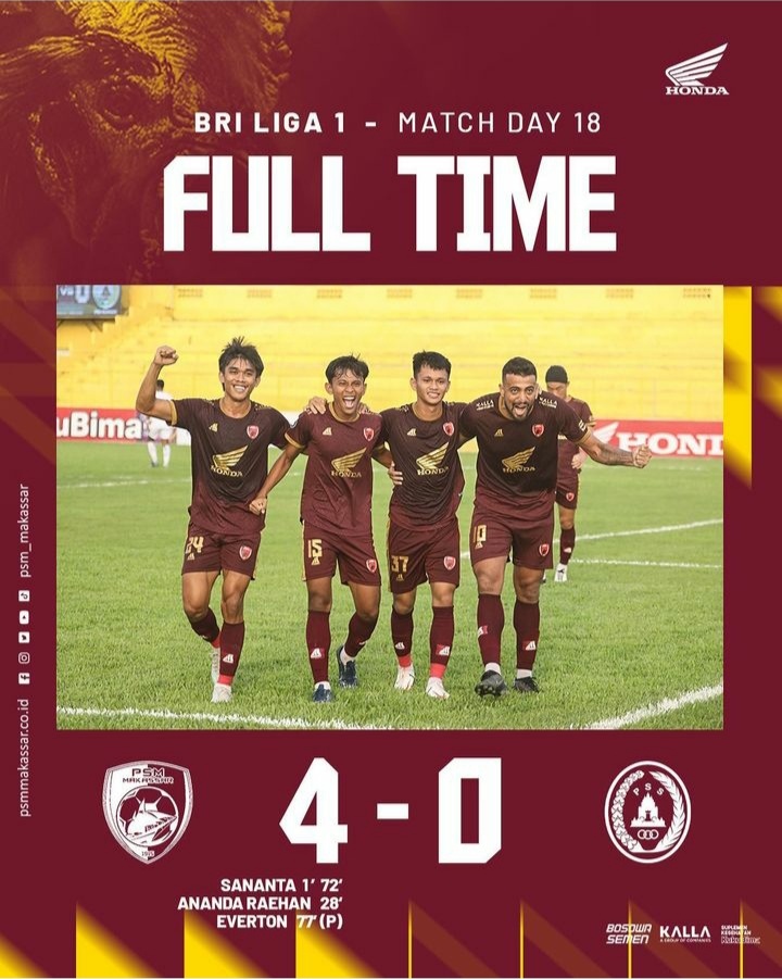 Tuah GBH Parepare, PSM Makassar Awali Putaran 2 Liga 1 Lewat Kemenangan Telak 4-0 Atas PSS Sleman