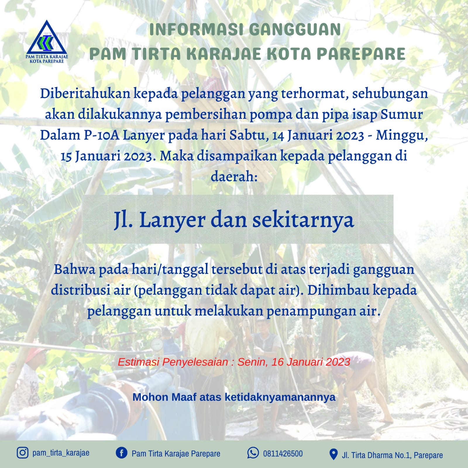 Pembersihan Pompa dan Pipa Isap Sumur Dalam, PAM Tirta Karajae Parepare Umumkan Gangguan Distribusi Air di Lanyer