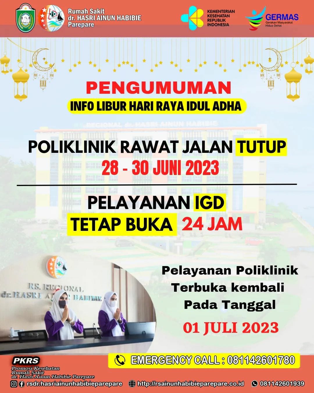 Layanan Poliklinik Rawat Jalan RS Hasri Ainun Habibie Kembali Buka 1 Juli, IGD Siaga 24 Jam 