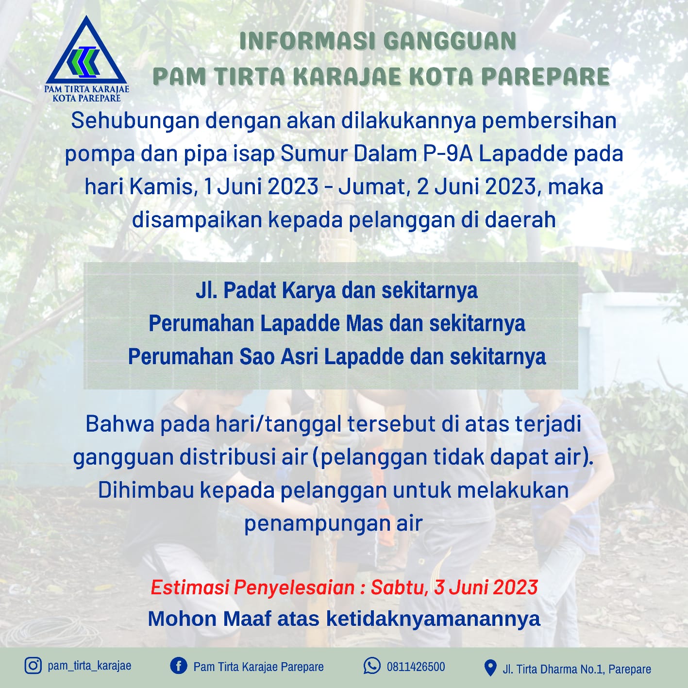 PAM Tirta Karajae Pembersihan Pompa, Umumkan Distribusi Air Terganggu Hingga 3 Juni