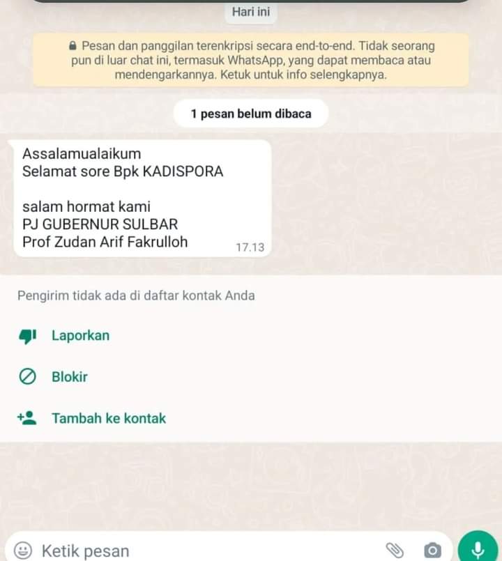 Belum ke Sulbar, Nama Pj Gubernur Prof Zudan Arif  Kembali Dicatut Penipu Lewat WA