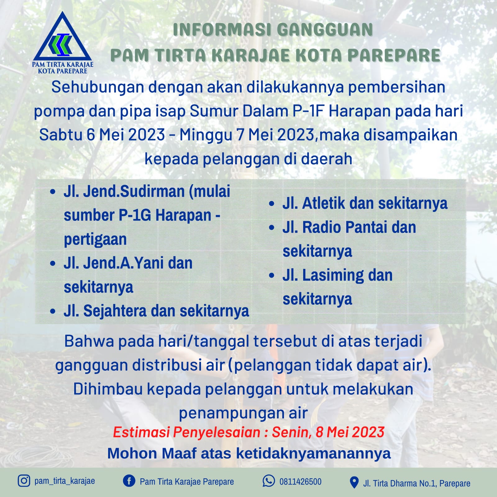 Pembersihan Pompa dan Pipa Isap Sumur Dalam, PAM Tirta Karajae Umumkan Gangguan Pelayanan Hingga 8 Mei