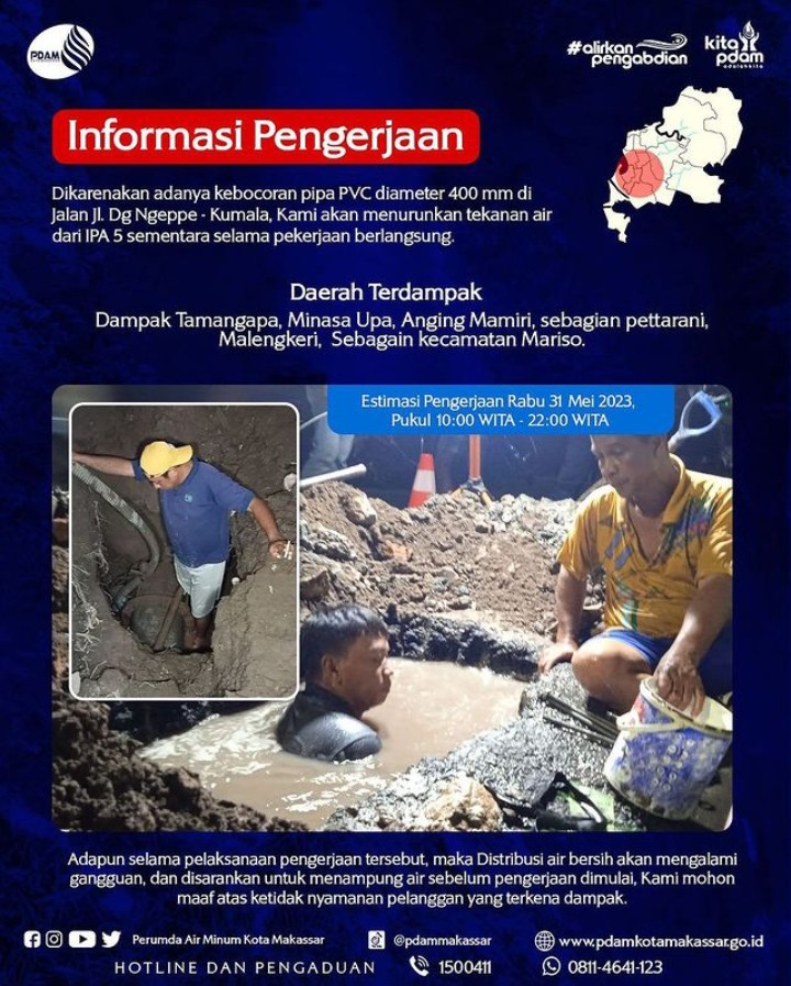 Ada Kebocoran Pipa PVC di Kumala, PDAM Makassar Umumkan Terjadi Penurunan Tekanan Air Sementara