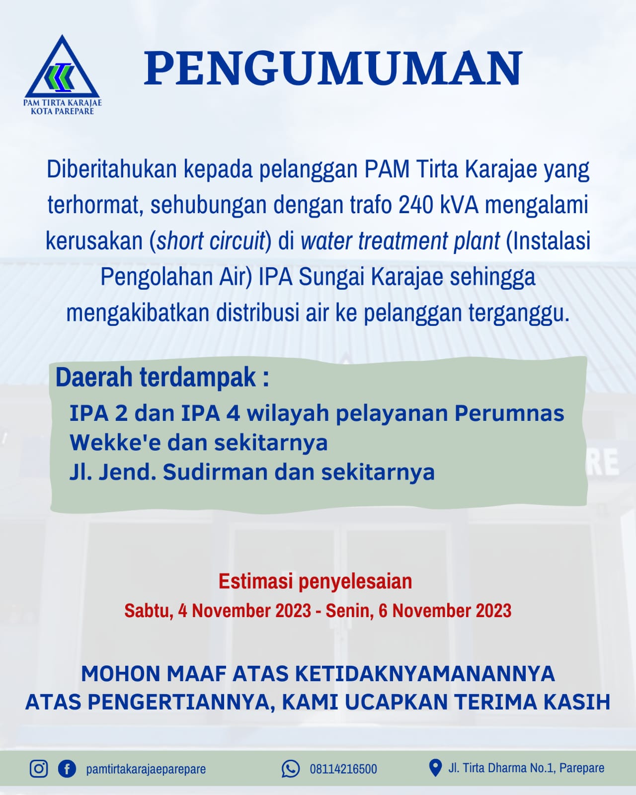 Travo di IPA Sungai Karajae Rusak, PAM Tirta Karajae Umumkan Gangguan Distribusi Air Estimasi Hingga 6 November