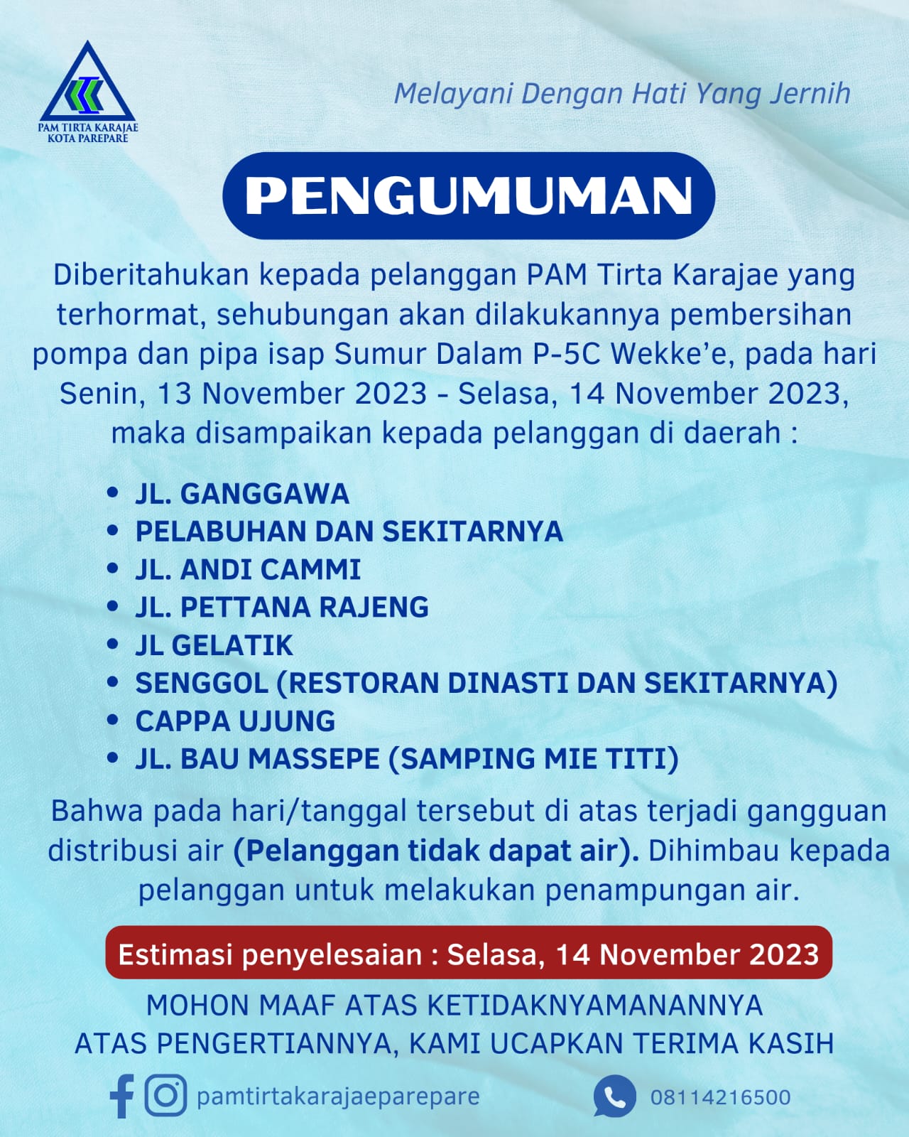 PAM Tirta Karajae Umumkan Distribusi Air Terganggu di Beberapa Titik, Pembersihan Pompa dan Pipa Isap Sumur Dalam