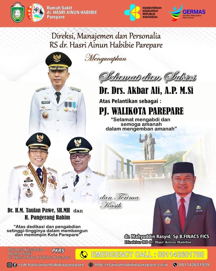 RS Hasri Ainun Habibie Ucapkan Selamat Pelantikan Pj Wali Kota Parepare, Terima Kasih Dedikasi Pengabdian Taufan Pawe-Pangerang Rahim