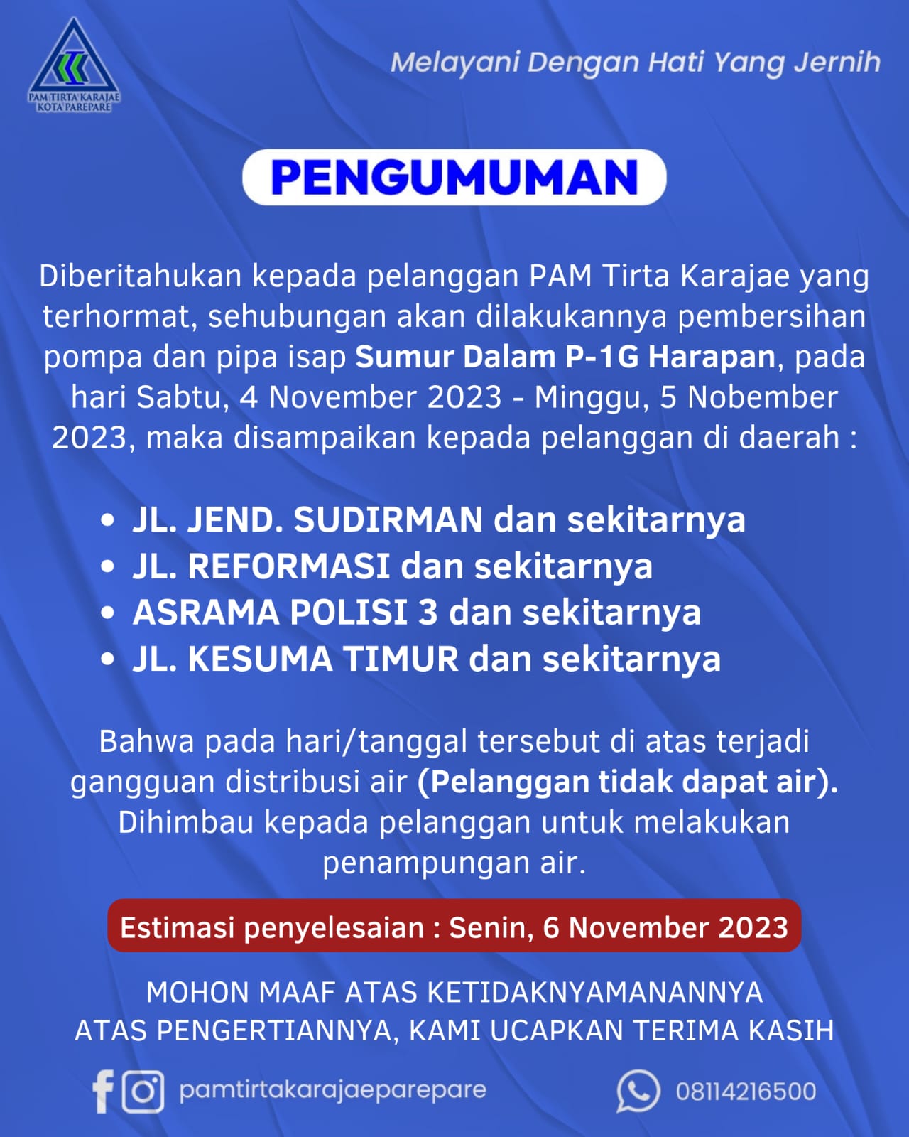 PAM Tirta Karajae Umumkan Gangguan Distribusi Air pada 4-5 November