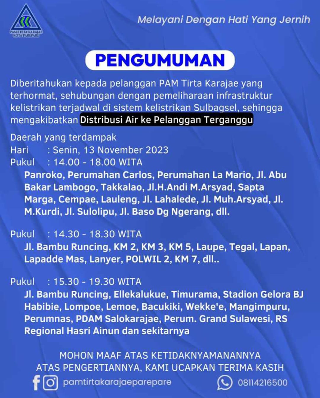 Pemeliharaan Kelistrikan Sulbagsel, PAM Tirta Karajae Umumkan Gangguan Distribusi Air
