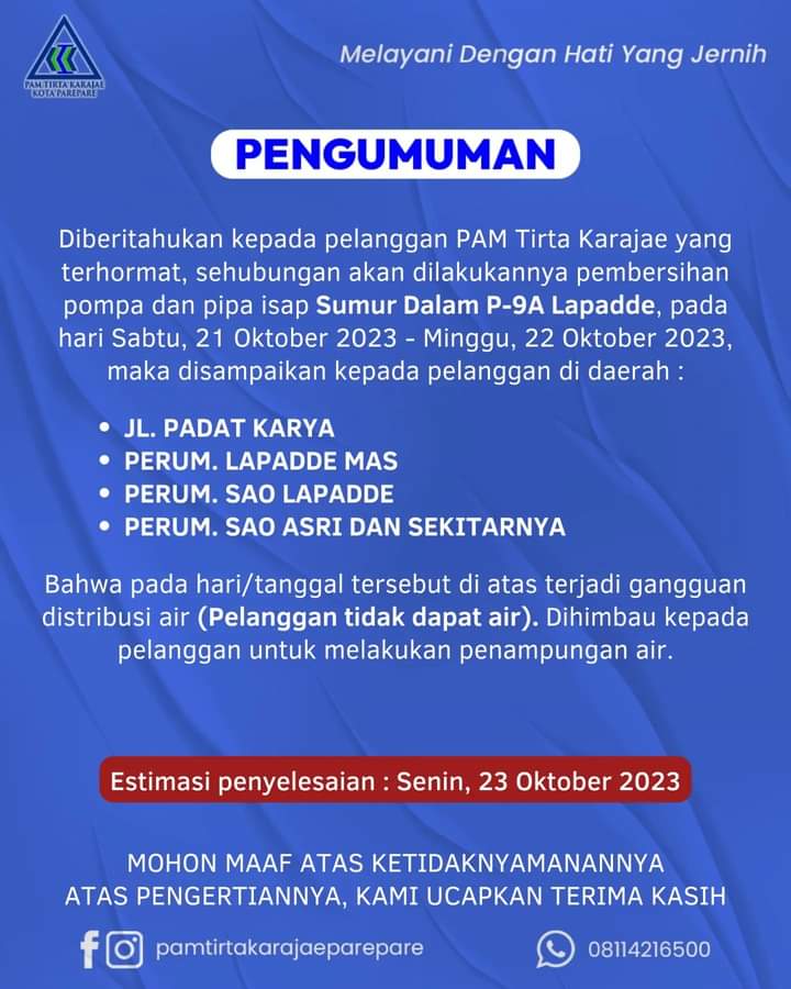 Pembersihan Pompa dan Pipa Isap Sumur Dalam P-9A Lapadde, PAM Tirta Karajae Umumkan Gangguan Distribusi Air