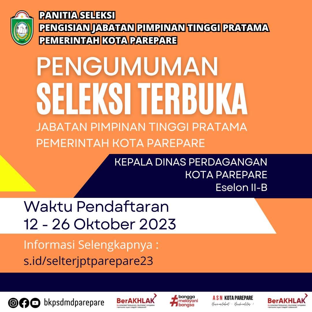 Pemkot Parepare Buka Selter Pengisian Jabatan Kadis Perdagangan, Pendaftaran 12-26 Oktober