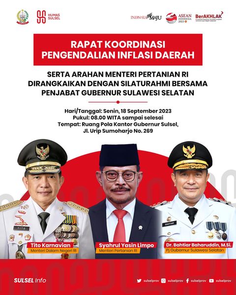 Mendagri dan Mentan akan Hadiri Rakor Pengendalian Inflasi Daerah Pemprov Sulsel