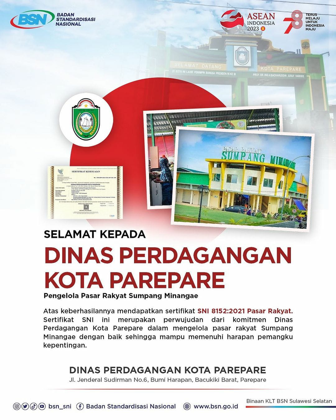 Pasar Sumpang Minangae Parepare Resmi Dapatkan Sertifikat SNI 8152:2021
