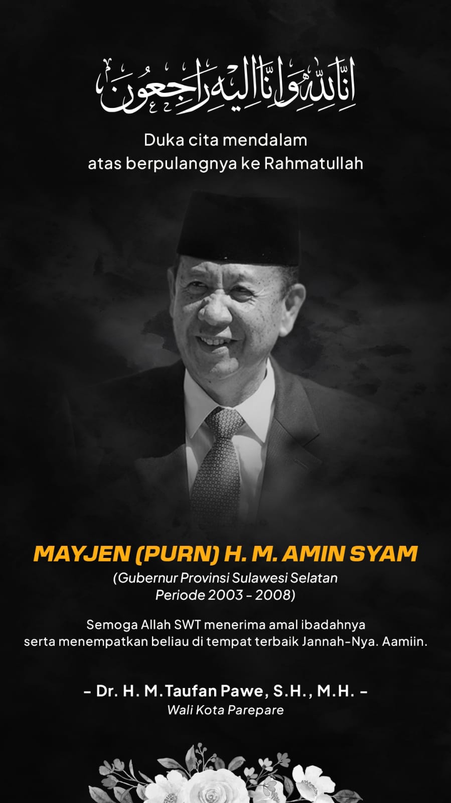 Wali Kota Parepare Taufan Pawe Sampaikan Duka Mendalam Mantan Gubernur Sulsel Amin Syam Berpulang