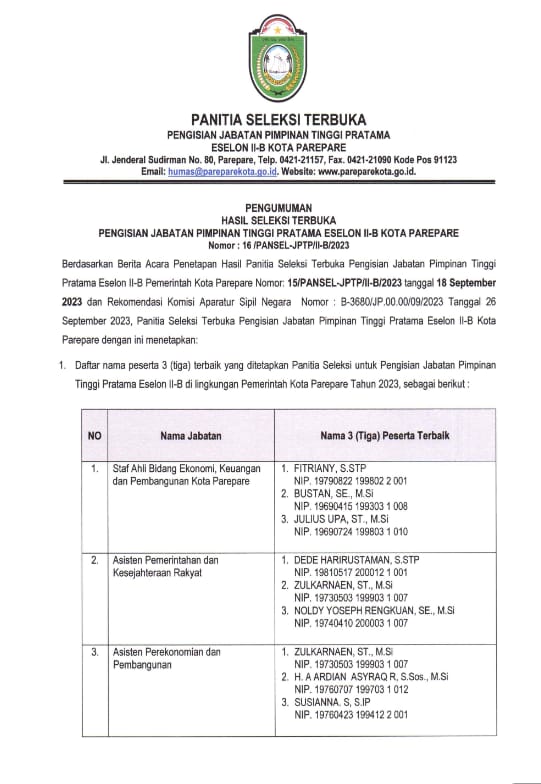 Pemkot Parepare Umumkan 3 Terbaik Hasil Seleksi Terbuka Pengisian 10 Jabatan Eselon II-B