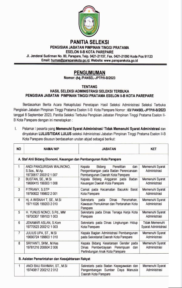 Ketat, Selter Pengisian 10 JPTP Parepare, 4 Pelamar Tidak Lolos, Kepala Bappeda Terbanyak Peminat