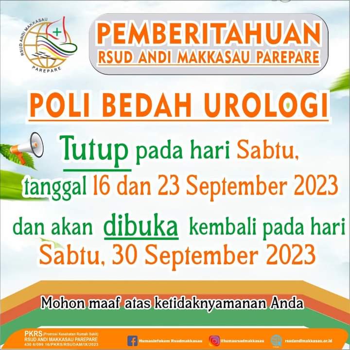 RSUD Andi Makkasau Umumkan Poli Bedah Urologi Tutup pada 16 dan 23 September, Buka Kembali 30 September 