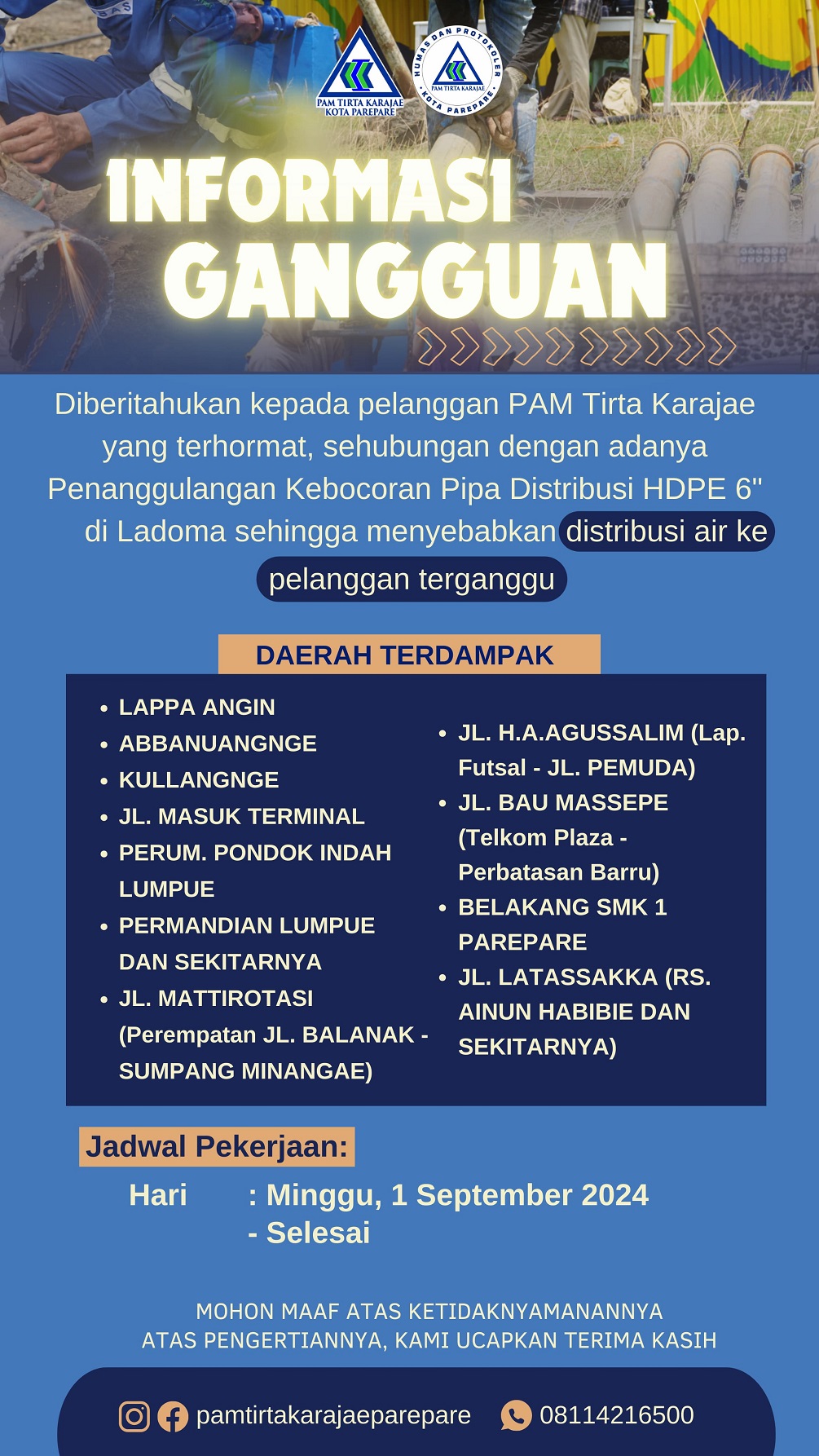 PAM Tirta Karajae Umumkan Gangguan Distribusi Air ke Pelanggan Akibat Penanggulangan Kebocoran Pipa