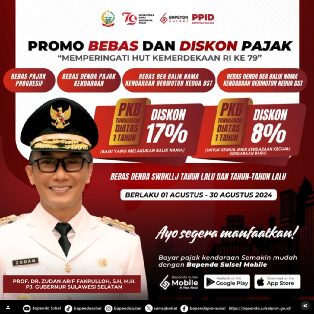 Hanya di Bulan Agustus 2024, Bapenda Sulsel Bebaskan Denda Pajak Kendaraan 