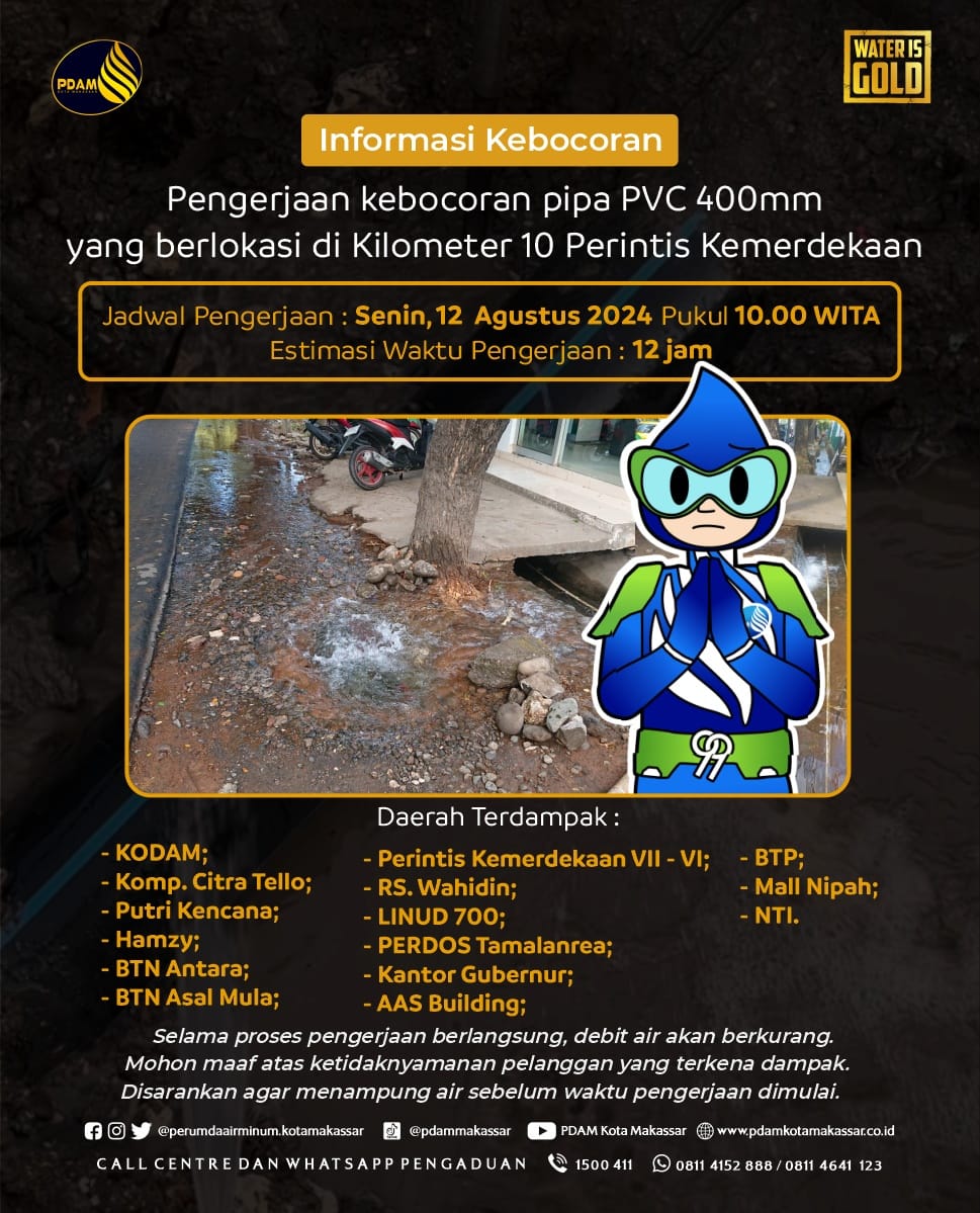 Ada Kebocoran Pipa di Perintis Kemerdekaan Km 10, PDAM Makassar Lakukan Pengerjaan dengan Estimasi Waktu 12 Jam