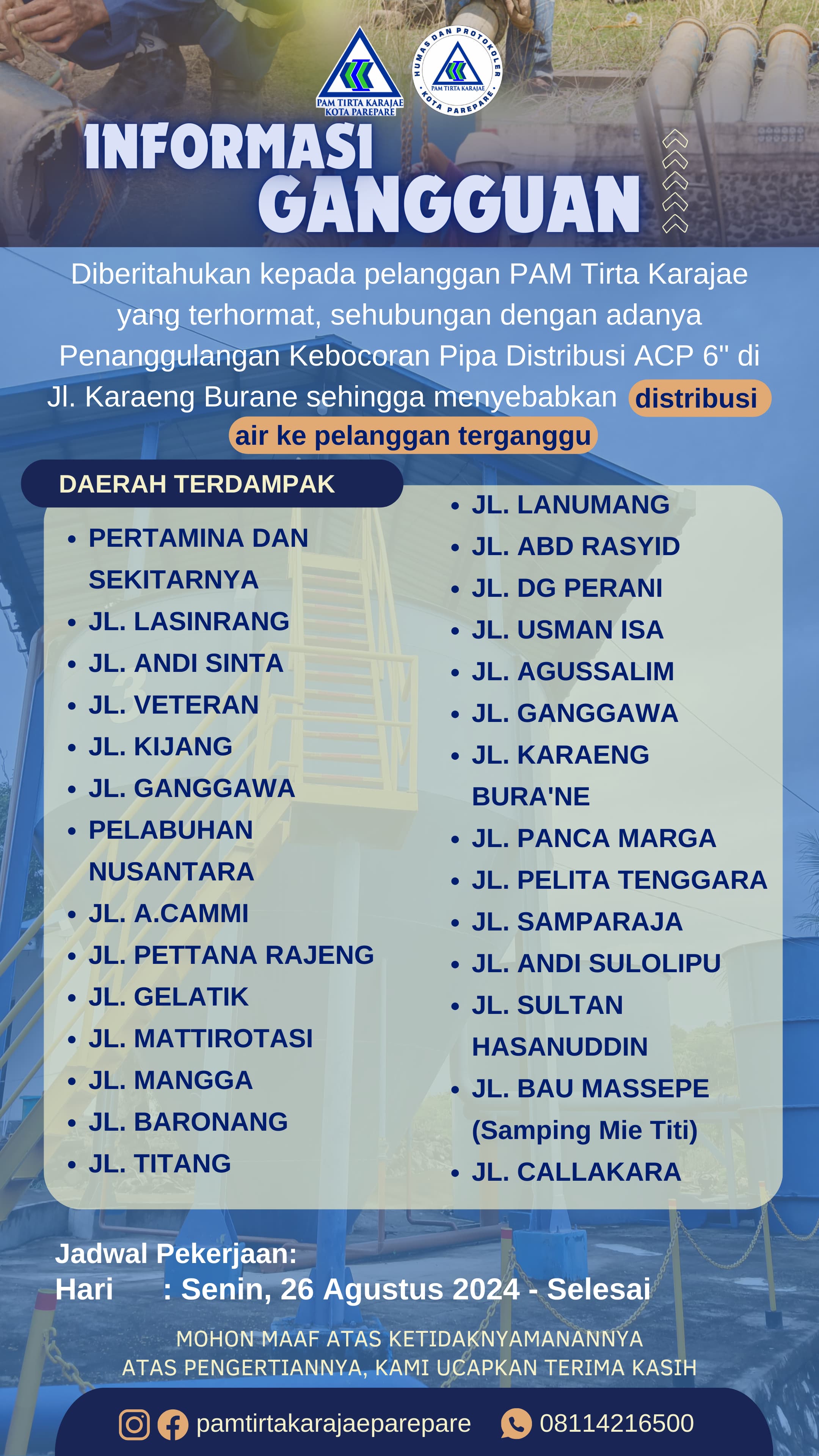 PAM Tirta Karajae Umumkan Gangguan Distribusi Air Akibat Penanggulangan Kebocoran Pipa 