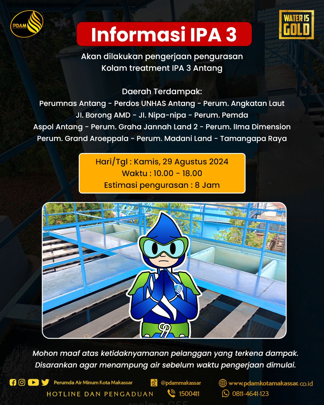 Ada Pengurasan Kolam Treatment di IPA 3 Antang, PDAM Makassar Imbau Pelanggan Tampung Air