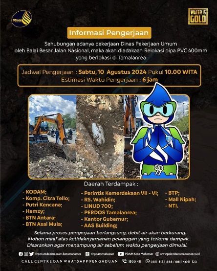 Relokasi Pipa PVC 400 mm di Tamalanrea Karena ada Pekerjaan Jalan oleh Balai Besar, PDAM Makassar Sarankan Segera Menampung Air