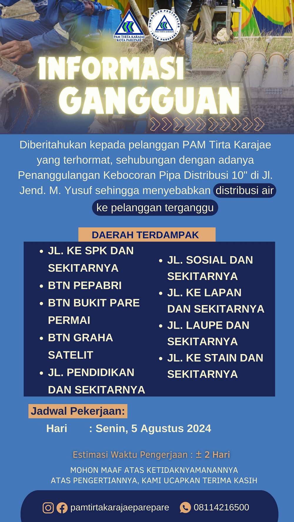 Pekerjaan Pipa Distribusi Bocor, PAM Tirta Karajae Umumkan Wilayah Terdampak Gangguan Pelayanan