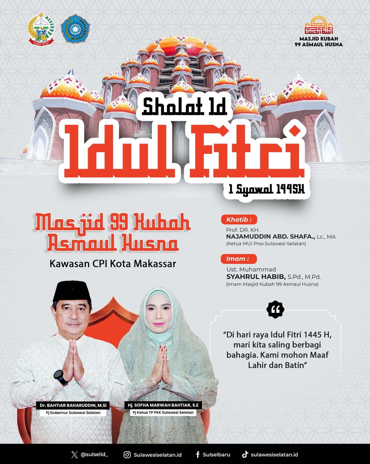 Pj Gubernur Bahtiar dan Keluarga Salat Id di Masjid Kubah 99 Asmaul Husna